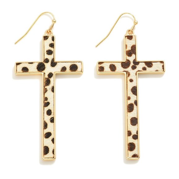 NWT BOUTIQUE Animal Print Inlay Cross Drop Earrings GREAT GIFT IDEA! - Picture 1 of 1